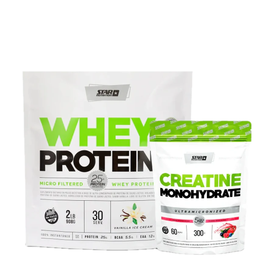 Combo: Whey Protein 2 lbs + Creatina 300gr Frutos Rojos (Doy Pack)